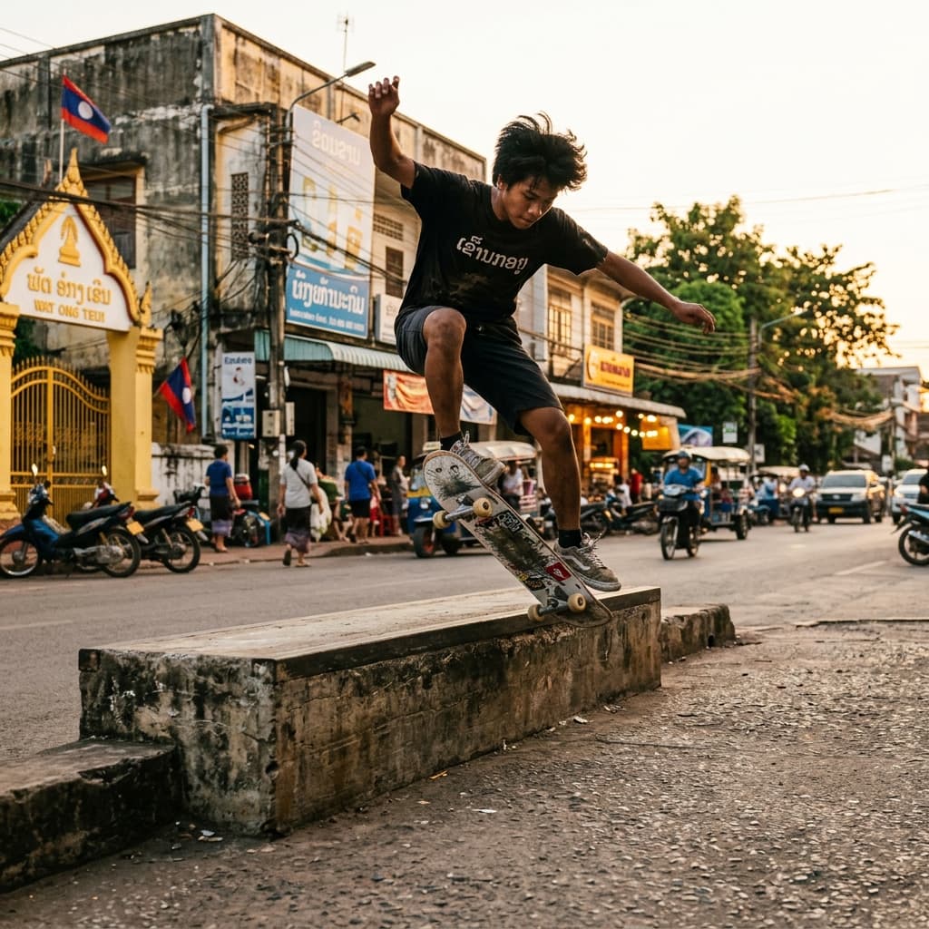 Skater at a street spot in Laos